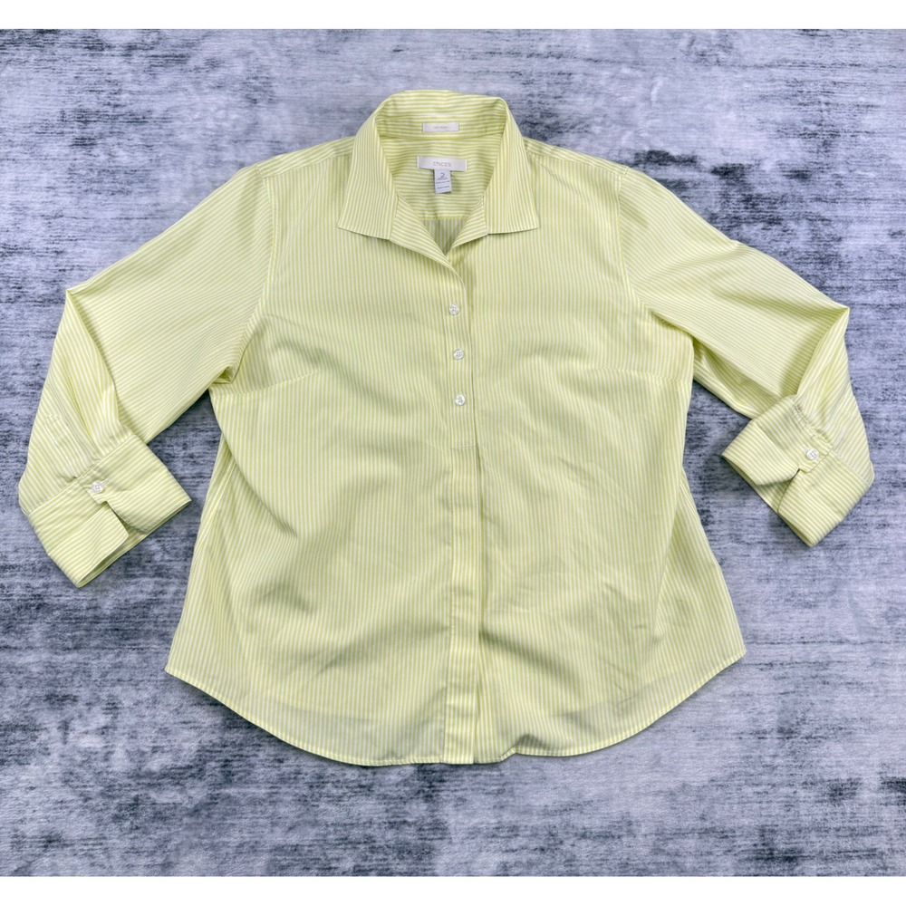 Chicos No Iron Button Down Shirt Lime Green White Striped Cotton Blouse Size 2